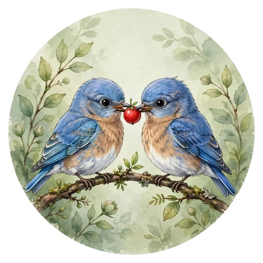 Two small bluebirds sitting on a branch sharing a single red berry