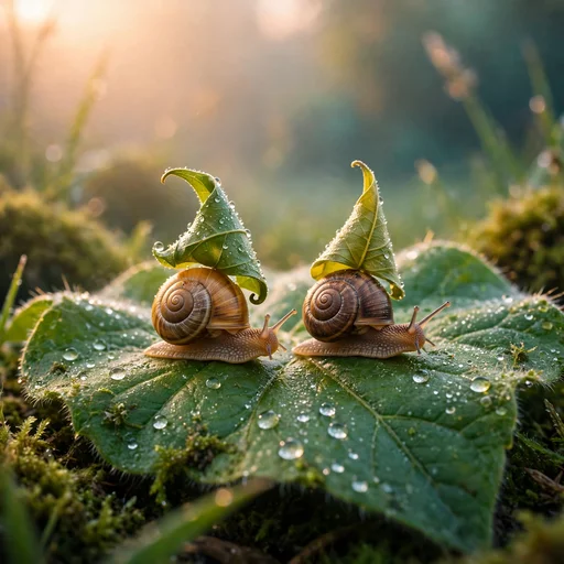 Two snails racing with tiny leaf sails on a dewy leaf at dawn, cute friendship WhatsApp DP