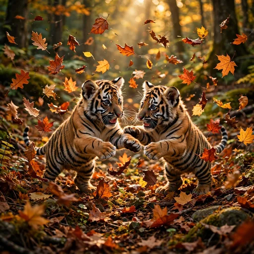 Two tiger cubs pouncing through swirling autumn leaves, cute friendship WhatsApp DP