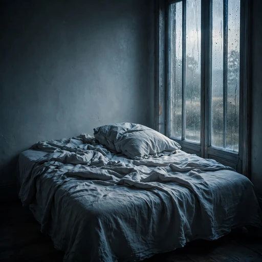 Unmade empty bed beside a rain-streaked window at dawn, melancholic profile picture