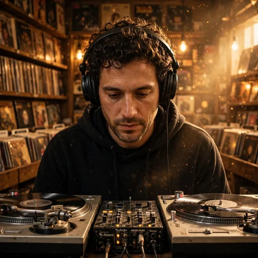 DJ with headphones behind turntables in a warm vinyl record shop, boys WhatsApp DP