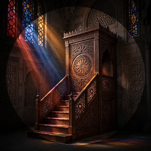 Carved walnut minbar with arabesque carvings bathed in colorful stained-glass light in a mosque corner