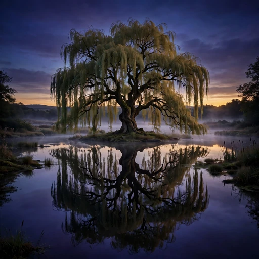 Weeping willow tree reflected in a still lake at dusk, moody melancholic profile picture