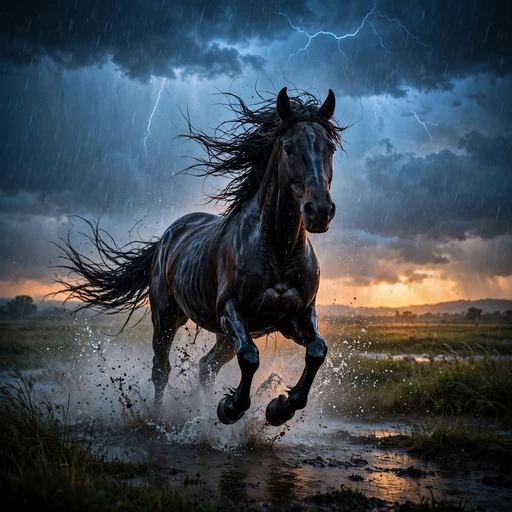 Wild black horse galloping through monsoon rain at blue dusk, motivational DP