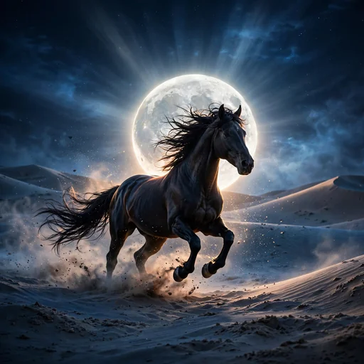wild black horse galloping through moonlit sand dunes, motivational wallpaper