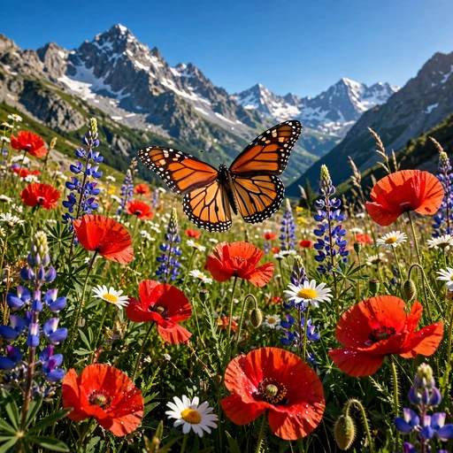 monarch butterfly over alpine wildflower meadow nature dp