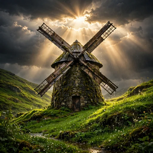 stone windmill on green hill as storm clouds break into sunlight, motivational wallpaper