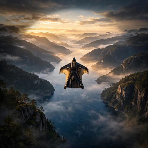 Wingsuit flyer gliding over glowing fjords at sunrise, motivational WhatsApp DP