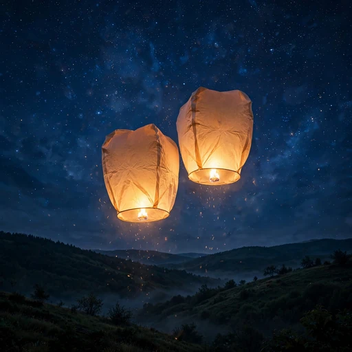 two glowing wish lanterns in the night sky friendship DP