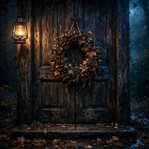 Withered autumn wreath hanging on a dark wooden door at night, sad DP