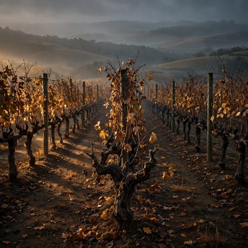 Withered grapevine rows in an autumn vineyard at dusk, melancholic profile picture