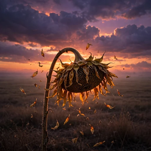 Withered sunflower bowing in an empty twilight field, sad WhatsApp DP