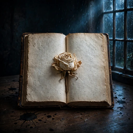 Withered white rose pressed inside an open antique book by a rainy window, sad DP