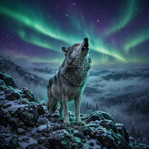 wolf howling on a mountain cliff under green aurora lights, motivational wallpaper