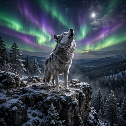 Wolf howling on a snowy cliff under the aurora borealis, motivational DP