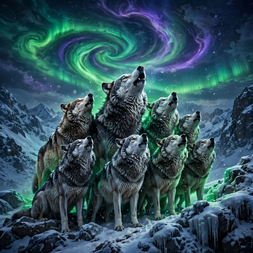 Wolf pack howling beneath the green aurora borealis over snowy mountains, motivational DP