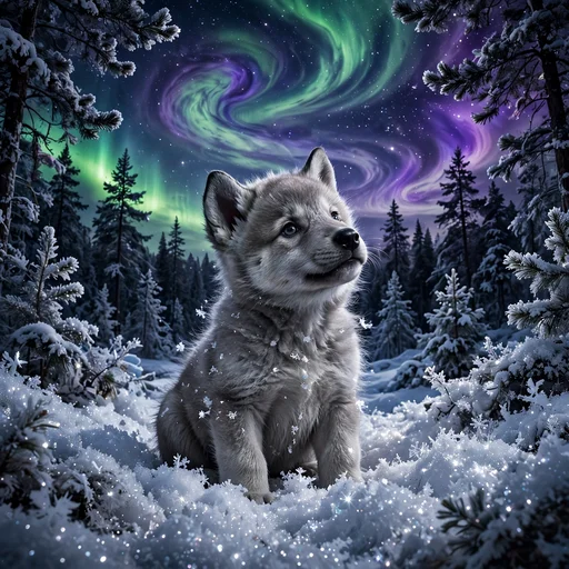 Baby wolf pup sitting in snow under a glowing aurora night sky, cute WhatsApp DP