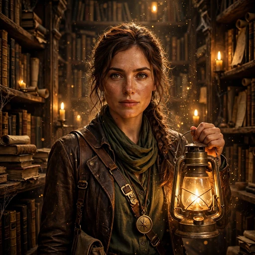 Woman explorer holding a glowing lantern in an ancient candlelit library with towering bookshelves