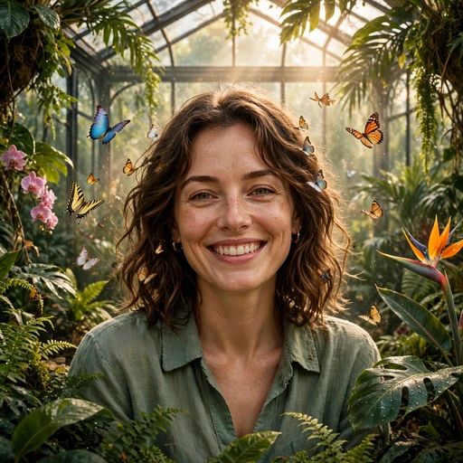 Fictional adult woman in a glass conservatory with butterflies