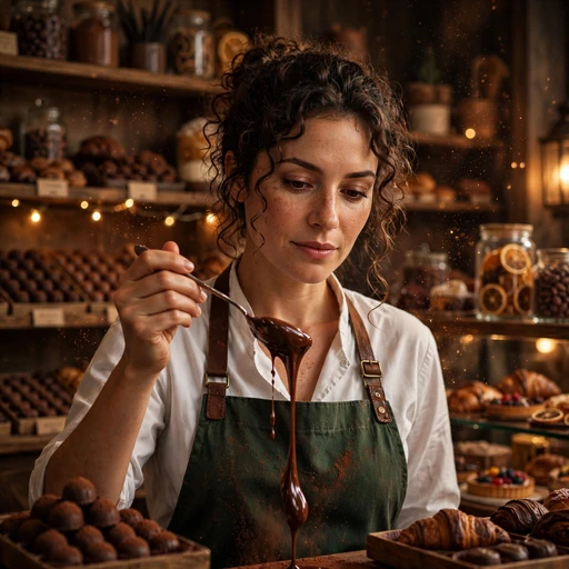 Fictional adult woman chocolatier drizzling glossy molten chocolate in a cozy patisserie with shelves of truffles glowing warmly.