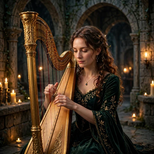 Fictional adult woman harpist in a candlelit castle hall
