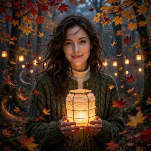 Fictional adult woman holding a glowing paper lantern in an autumn maple forest at dusk with red and gold leaves swirling around her.