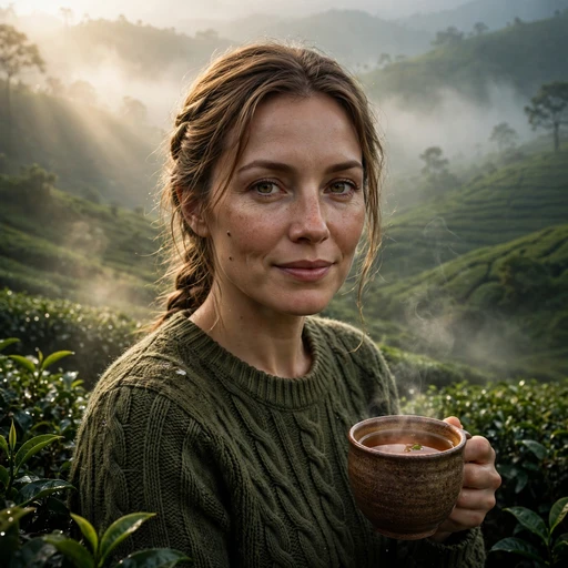 Woman holding a cup of tea in a misty highland tea garden with foggy green hills behind her