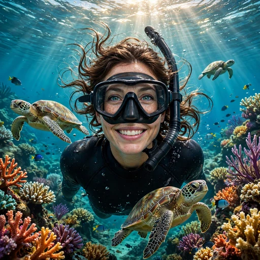 Fictional adult woman snorkeler smiling underwater in turquoise ocean water, surrounded by sea turtles and colorful coral reef.