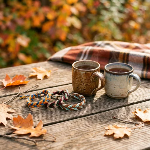 Colourful woven friendship bracelets rest beside two ceramic mugs on an autumn picnic table