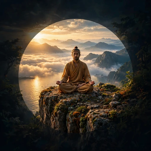 Yogi meditating on a cliff edge at sunrise, motivational WhatsApp DP