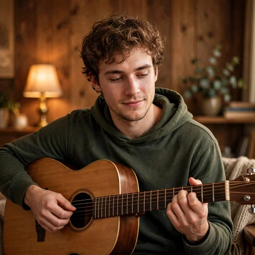 Fictional young man playing an acoustic guitar in a warmly lit room with wooden walls