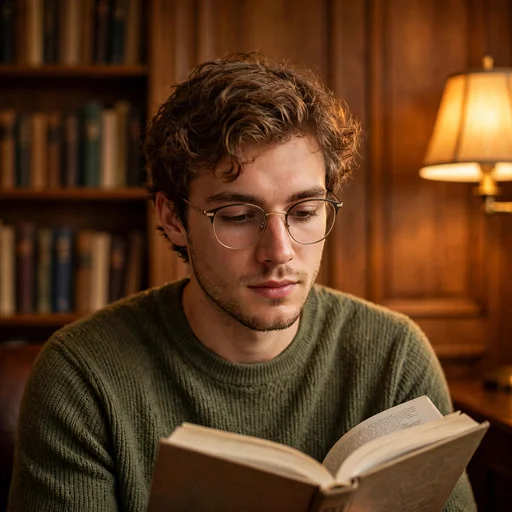 Fictional young man with stylish glasses reading in a cozy wood-paneled library