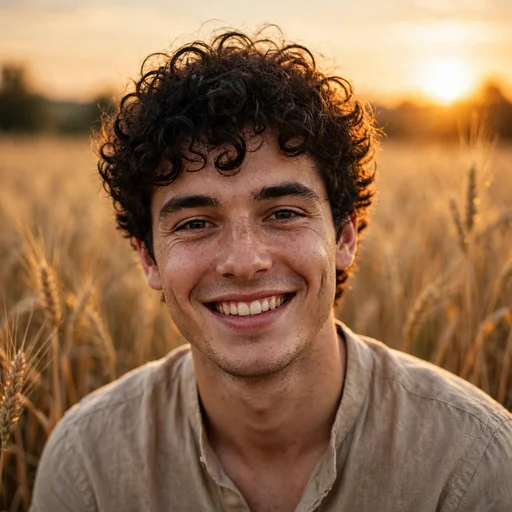 Fictional young man with curly dark hair smiling in a golden wheat field at sunset