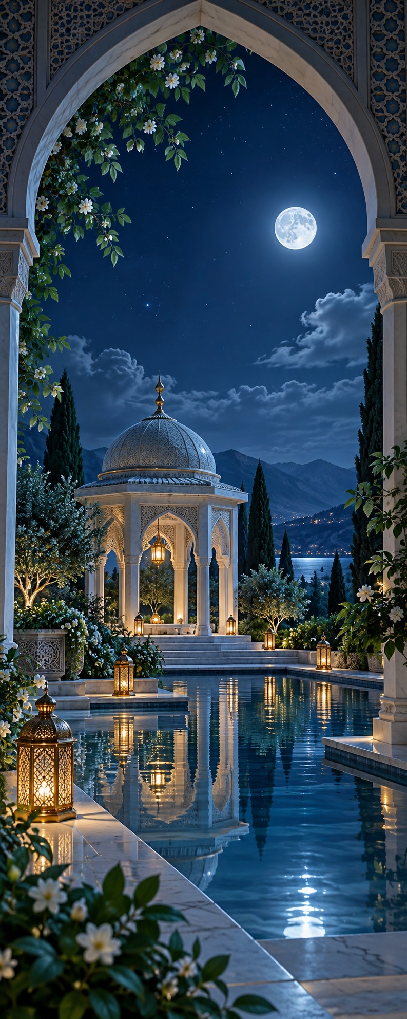 Moonlit garden and domed pavilion through pointed arches, with cool blue sky and lantern reflections.
