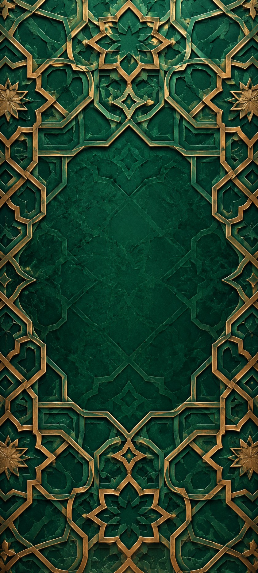 Deep emerald Islamic-inspired eight-point star geometry with restrained gold lines and a quiet central area.