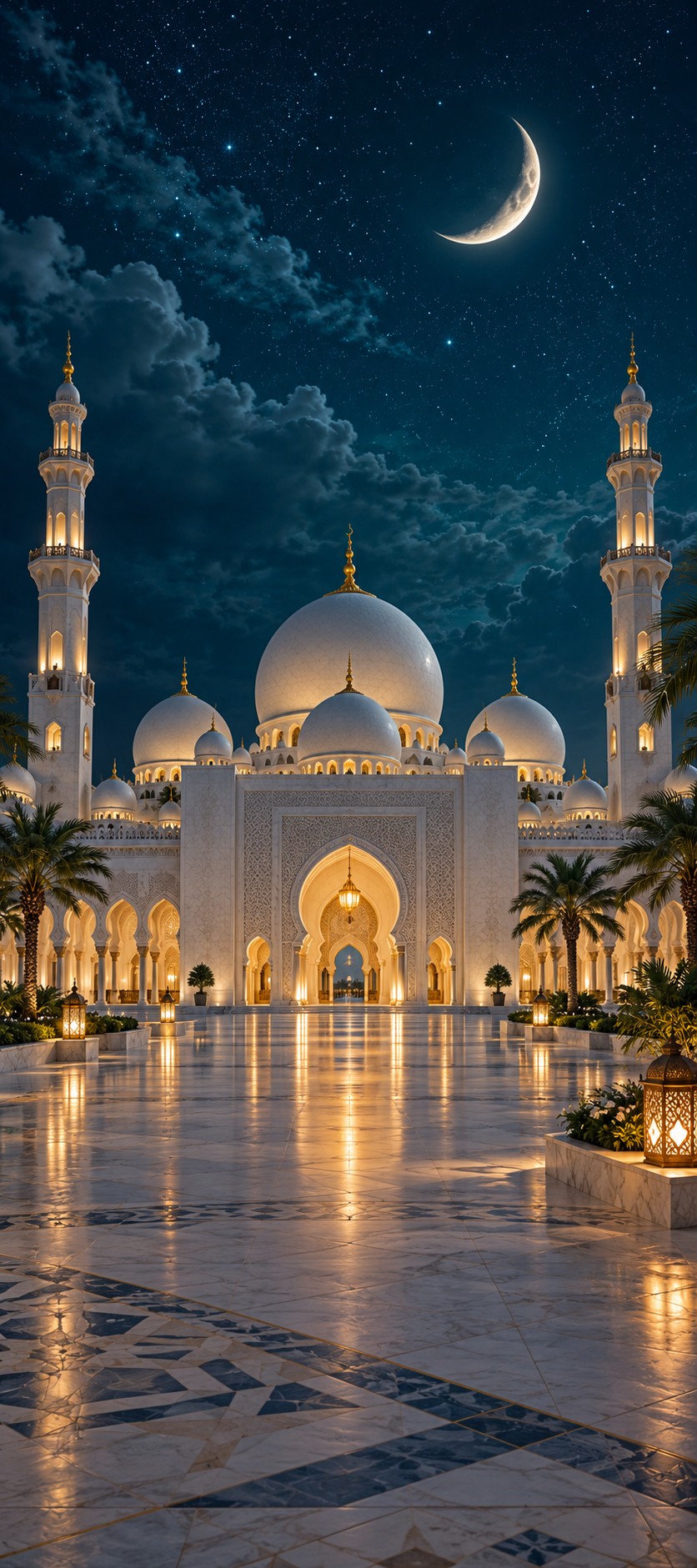 Original white marble mosque courtyard under a crescent moon with warm lantern reflections and a deep blue starry sky.